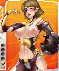 areolae bare_shoulders blush breasts breasts_out brown_hair cameltoe cyborg eye_patch female large_breasts navel nipples open_mouth panties purple_eyes saliva solo standing sweat tagme taimanin_(series) taimanin_asagi_battle_arena taimanin_asagi_battle_arena_all_card_gallery tongue tongue_out torn_clothes underwear zol