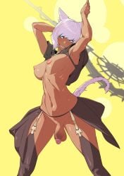 1futa animal_ears balls big_breasts big_penis black_bra black_panties blue_eyes bra breasts cat_ears cat_tail character_request clothed clothing dark-skinned_futanari dark_skin final_fantasy_xiv flaccid flaccid_cock flaccid_penis functionally_nude futa_only futanari grin grinning grinning_at_viewer hi_res high_resolution highres humanoid humanoid_penis kemonomimi legs legwear miqo'te muscular muscular_futanari nipples nude panties penis short_hair solo staff standing thick_thighs thighhighs thighs tomoyuki_kotani voluptuous weapon wear wearing_others_clothes white_hair