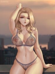 1girls black_lingerie blonde_hair blue_eyes cleavage dc dc_comics fit_female flowerxl hourglass_figure kara_danvers kara_zor-el kryptonian large_breasts lingerie long_hair looking_at_viewer nipples_visible_through_clothing supergirl superman_(series)