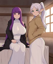 2girls afrobull ass breast_size_difference breasts bubble_butt elf elf_ears elf_female female female_only fern_(sousou_no_frieren) frieren green_eyes hi_res huge_breasts indoors large_ass long_hair no_nude purple_eyes purple_hair ready_for_sex ready_to_fuck size_difference small_breasts sousou_no_frieren tight_clothing twintails white_hair