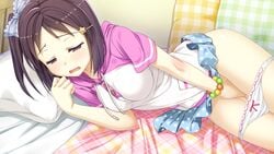 bed blush breasts brown_eyes brown_hair clothed female fingering game_cg hirose_motoka honjou_masato koinaka:_koinaka_de_hatsukoi_×_nakadashi_sexual_life lying masturbation on_side panties panty_pull solo underwear