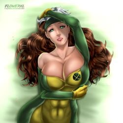 1female abs anna_marie arms_around_breasts artist_logo bottom_heavy breasts brown_and_white_hair fit fit_female flowerxl green_eyes hand_on_head large_breasts light-skinned_female long_hair looking_at_viewer lying marvel marvel_comics muscular muscular_female mutant red_lipstick rogue_(x-men) x-men yellow_gloves