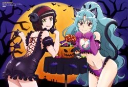 2girls absurdres animal_ears ass bats big_breasts bikini candy cat_ears chibi cleavage crosses dress elbow_gloves full_moon hairband halloween highres horns lace_trim licking_lips licking_own_lips looking_at_viewer medium_breasts medium_hair mio_(tsuki_ga_michibiku_isekai_douchuu) multiple_girls no_bra suzuki_yukie swimsuit tail tomoe_(tsuki_ga_michibiku_isekai_douchuu) tsuki_ga_michibiku_isekai_douchuu very_long_hair