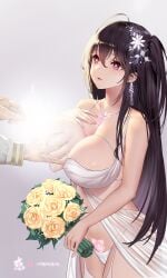 1boy 1girls azur_lane bare_shoulders black_hair bouquet breast_grab breasts breasts_out bride censored cleavage commander_(azur_lane) cowboy_shot da_mao_banlangen deep_skin dress earrings female flower garter_straps glint glowing glowing_tattoo grabbing hair_flower hair_ornament heart heart-shaped_pupils highres holding holding_bouquet holding_jewelry holding_ring jewelry large_breasts long_hair long_sleeves looking_at_another necklace nipples no_panties official_alternate_costume one_side_up panties parted_lips pubic_tattoo purple_eyes revealing_clothes ring rose signature simple_background smile symbol-shaped_pupils taihou_(azur_lane) taihou_(temptation_on_the_sea_breeze)_(azur_lane) tattoo thighhighs underwear very_long_hair wedding wedding_dress wedding_ring white_dress white_legwear white_panties yellow_flower yellow_rose