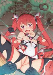 antenna_hair bodysuit bondage canon_genderswap censored chains clothing cuffs egg elbow_gloves female flat_chest gloves gradient_hair handcuffs highres long_hair manacles mitsuka_souji multicolored_hair nipples ore_twintail_ni_narimasu purple_eyes pussy red_hair shackles single_glove solo_focus spread_legs tachimi_(basue) tail_red thighhighs tied_hair torn_bodysuit torn_clothes torn_gloves torn_thighhighs twintails