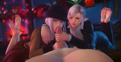 1boy 2girls 3d elezen feet feet_up female female_focus female_on_top ffm ffm_threesome final_fantasy final_fantasy_xiv foot_focus glans glans_licking glans_stimulation kayuri legs_up licking licking_penis licking_tip oral oral_sex penis soles sucking sucking_penis