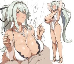 1boy armpit_pose armpits arms_behind_head arms_up azur_lane black_eyes black_ribbon blush breasts cleavage cum cum_in_cleavage cumming_between_breasts cumming_from_paizuri cumming_in_cleavage cumshot cumshot_in_chest dark-skinned_female dark_skin ejaculation ejaculation_between_breasts engulfing_paizuri expressions female hair_intakes hair_ribbon hand_on_another's_chest high_ponytail highleg highleg_swimsuit huge_breasts jewelry lactation layered_bikini nasakene necklace nipples o-ring o-ring_swimsuit official_alternate_costume one-piece_swimsuit paizuri paizuri_flux paizuri_under_bikini ponytail projectile_cum puffy_nipples ribbon sandals see-through see-through_sleeves senran_kagura senran_kagura_new_link swimsuit swimsuit_paizuri swimzuri tropical unfinished white_hair white_one-piece_swimsuit yuyaki_(blue_sky_lagoon)_(senran_kagura) yuyaki_(senran_kagura)