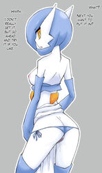 1girls animal areolae ass back blue_hair blue_panties blue_skin blush boots breasts cum dress dripping eyebrows female female_gardevoir female_only gardevoir grey_background highres ikanomaru looking_back nintendo nipples no_humans open_mouth orange_eyes panties panties_aside panty_pull pokémon_(species) pokemon pokemon_(species) pokemon_rse pussy pussy_juice red_eyes shiny_gardevoir shiny_pokemon short_hair side-tie_panties simple_background skirt skirt_lift solo standing text thong translated uncensored underwear wet white_skin yellow_eyes