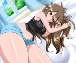 brown_eyes brown_hair brown_hair_female denim_shorts game_freak green_(pokemon) laying_on_bed leaf_(pokemon) lying_on_bed nintendo on_bed pokemon pokemon_rgby short_shorts shorts thick_thighs thighs yensh