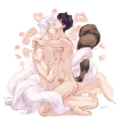 2boys arms_around_neck bar_censor black_hair blush completely_nude erection fox_ears fox_tail gay gintama gintoki_sakata glasses heart implied_anal intertwined_tails kemonomimi kitsune kucha_boom kyuubi licking_neck male male_only multi_tail neck_lick nude open_mouth penis scratches shimura_shinpachi side_view tail tanuki_ears tanuki_tail tongue_out white_hair yaoi youkai