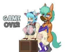 <3_eyes anthro anthro_on_human bent_over big_breasts blue_eyes blue_hair blush breasts bridle cow_outfit crate cum cum_drip cum_dripping cum_dripping_out_of_pussy cum_in_pussy cum_in_vagina cum_inside cum_on_ground cum_splatter dizzy doggie_bones elbow_gloves equine eye_roll female female_penetrated fingerless_gloves half-closed_eyes happy_heart_panic heart-shaped_pupils horn horns horns_hairband horse horse_penis horsecock human human_on_anthro internal internal_cumshot internal_vaginal internal_view lactating lactation large_breasts male male/female male_penetrating male_penetrating_female pregnant pregnant_belly pregnant_female pregnant_sex sam_(doggie_bones) socks standing stockings