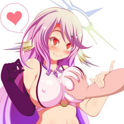 @_@ blush breast_grab breasts elbow_gloves erect_nipples female gloves guided_breast_grab halo heart jibril_(no_game_no_life) long_hair maeda_kousuke magic_circle no_game_no_life pink_hair red_eyes sideboob simple_background smile solo_focus speech_bubble spoken_heart white_background