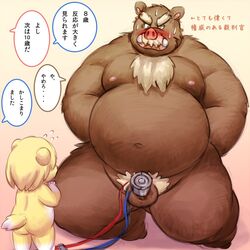 2017 anthro ass balls belly blush brown_fur duo fur humanoid_hands japanese_text lako male male_focus male_only mammal moobs nipples overweight overweight_male penis simple_background suid suina sus_(pig) text wild_boar young