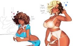 1girls 2024 2d 2d_(artwork) big_breasts blonde_hair blue_skirt blue_topwear blush blushing boobs breasts brown_hair cameltoe clothed clothed_female coffee coffee_mug dark-skinned_female digital_drawing_(artwork) digital_media_(artwork) earrings female garter_belt heart huniepop huniepop_2 lingerie lola_rembrite scarf skirt solo solo_female solo_focus stewardess stewardess_uniform tits two_tone_hair void_dot_exe white_background white_bra white_garter_belt white_lingerie white_panties white_scarf