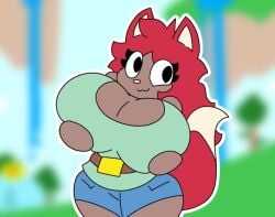 :3 alternate_version_available big_breasts dark_skin fox_ears fox_tail fully_clothed holding_breast itisspermo red_hair terraria zoologist_(terraria)