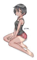 5_toestoes absurdres black_hair brown_eyes dark-skinned_female dark_skin feet female greek_toe highres looking_at_viewer original short_hair shorts soles solo tan toes tomboy tsukimaru_(ls_99ml) white_background young