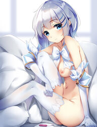 bedroom blue_eyes breasts date_a_live naked nipples pillow pussy_juice tagme thighhighs tobiichi_origami vibrator white_hair