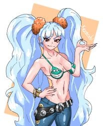 accessory bangs belly belly_button belt belt_buckle bikini blue_hair brat cosplay ear_piercing earrings eyelashes eyeliner female female_only greedy half_nude jeans keyaruki long_eyelashes long_hair long_nails medium_breasts money_gesture nami nami_(one_piece) nami_(one_piece)_(cosplay) nipple_bulge one_piece pink_nails red_eyes scrunchie shiny_skin shoulders simple_background skin_tight smug twintails valentina_(fellatrix) wild_hair