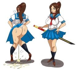 kamiyama_reika miniskirt peeing peeing_self ponytail sailor_uniform school_uniform のの_(pixiv_id_69399162)