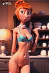 1girls ai_generated arm_behind_back artist_name blue_bra bra breasts cleavage cowboy_shot cup despicable_me despicable_me_4 green_eyes hair_bun hi_res indoors lips looking_to_the_side lucy_wilde medium_breasts navel orange_hair panties pussy r34arts scarf short_hair single_hair_bun small_breasts solo teapot thighhighs uncensored underwear