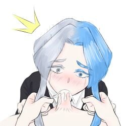 blue_hair cum cum_in_mouth cum_inside cumming euclase_(land_of_the_lustrous) gem gem_(species) grey_hair houseki_no_kuni intense_blowjob land_of_the_lustrous pulling_hair surprised surprised_expression