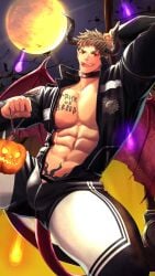 1boy abs arms_up bara beefy bird brown_hair censor_bar censored choker clothed collar collarbone cosplay coveralls demon_horns demon_tail demon_wings flame full_moon halloween halloween_costume hi_res holding_object horn hunk jack-o'-lantern laugh long_tail looking_at_viewer male male_only manly mature_male meisho_hanten muscles muscular muscular_male navel navel_piercing night open_clothes open_mouth original original_character pecs pierced_belly_button piercing pointless_censoring pointy_ears pumpkin purple_flames red_eyes sharp_teeth short_hair six_pack slit_pupils spread_legs tail tattoo tattoo_on_belly text thick_thighs tough_guy tree v-shaped_eyebrows very_high_resolution wings zipper zipper_down