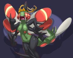 2014 anthro black_skin breasts elpatrixf fangs female green_skin horns insect insect_wings multi_arm multi_limb multi_wing navel nintendo nipples nude open_mouth pokemon ribbon running solo spikes tail tears two_tone_skin wings yanmega