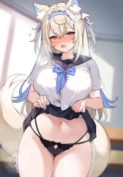 1girls animal_ears black_panties blonde_hair blue_hair blue_nails blurred_background blurry blurry_background blush blush blush_lines bowtie clothing crotch_cutout dog_ears dog_girl dog_tail eyebrows eyebrows_visible_through_hair fangs flesh_fang fuwawa_abyssgard glossy_lips hair hair_ornament hairclip half-closed_eyes heart hearts_around_head hololive hololive_english hololive_english_-advent- koahri large_breasts long_hair looking_at_viewer multi-strapped_panties navel open_mouth painted_nails panties pink_eyes pleated_skirt pussy_juice pussy_juice_drip school_uniform schoolgirl seifuku shivering short_skirt short_sleeves skirt skirt_lift smile steam steamy_breath streaked_hair thick_thighs thighs two_tone_hair underwear virtual_youtuber wet wet_pussy wet_thighs