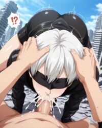 :>= ai_generated blowjob cum_in_mouth cum_in_nose ejaculation fellatio gay jtm_ai yaoi yorha_9s