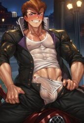 1boy ai_generated alleyway bulge danganronpa gay happy_trail male_only mondo_oowada motorcycle muscular night nipples pecs pompadour pulling_underwear see-through_clothing shiny_skin smug sweat tank_top unbuttoned_pants