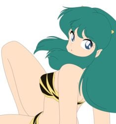 1girls 2014 bikini breasts busakumas female floating green_hair horns humanoid large_breasts legs light-skinned_female light_skin long_hair lum oni pointy_ears princess simple_background solo swimsuit thighs tiger_print urusei_yatsura white_background