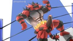 16:9 4k abs absurd_res anthro areola armpit_hair barazoku biceps bodily_fluids body_hair erection fighting_ring fur generation_7_pokemon genital_fluids genitals hi_res incineroar male nintendo nipples pecs penis pokemon pokemon_(species) precum solo vein veiny_muscles veiny_penis vulgargeist widescreen wrestler