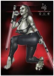 1girls big_breasts black_hair black_lipstick breasts feet female female_only foot_fetish grey_skin huge_breasts lightsaber losstarot98 maris_brood nipples solo solo_female star_wars