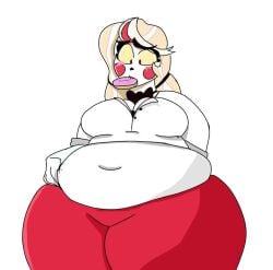 charlie_morningstar_(hazbin_hotel) female hazbin_hotel obese obese_female overweight poking_belly tagme tagme_(artist) wardrobe_malfunction weight_gain worried