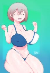 big_breasts bikini bikini_bottom bikini_top blue_swimsuit happy nipples nipples_visible_through_clothing smile swimsuit tease teasing thick_thighs uzaki-chan_wa_asobitai! uzaki_hana wet