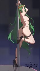 1girls ai_generated alia_nsfw ass bikini breasts exotic_dancer full_body goddess green_hair high_heels kid_icarus long_hair nightclub nintendo palutena pole_dancer pole_dancing solo standing_on_one_leg strip_club stripper stripper_clothes stripper_pole stripping thigh_strap