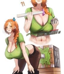 1girls 2024 abs alex_(minecraft) big_breasts dotthebot ginger ginger_hair hi_res masturbation midriff minecraft piston_(minecraft) sex_toy simple_background solo standing vaginal_penetration