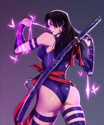 1girls 2024 2d 2d_(artwork) asian asian_female ass ass_focus black_hair costume ear_piercing ear_ring earring earrings energy esper female female_only heroine highres human human_female japanese japanese_female katana long_hair looking_at_viewer looking_back marvel marvel_comics marvel_rivals mole mole_on_ass mutant_(marvel) no_sex not_ai_generated paag pale-skinned_female pale_skin powers psionics psylocke psylocke_(marvel_rivals) realistic_proportions sai_(marvel) sfw simple_background sixer solo solo_female straight_hair superheroine sword thighhighs thighs vengeance_psylocke weapon x-men