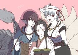 3girls bead_necklace big_breasts black_hair breast_envy canon_genderswap cleavage dark_purple_hair ear_fins eye_patch female female_only fox_girl fox_tail genderswap_(mtf) ginko_sakata gintama gintoki_sakata ing_sr japanese_clothes katsura_kotarou kimono kiseru kitsune kyuubi long_hair looking_at_viewer mask mask_on_head merfolk mermaid no_bra official_alternate_costume pink_background pipe purple_hair rule_63 short_hair smile smoking_pipe takasugi_shinsuke very_short_hair white_hair wink yellow_eyes youkai