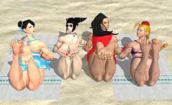 4girls barefoot beach beach_background cammy_white chun-li feet feet_together female foot_fetish foot_focus foot_play juri_han laura_matsuda mlgdoe muscular_female sole_female soles street_fighter toes toes_scrunch toes_spread xnalara