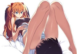 1boy ass asuka_langley_sohryu bare_legs bare_shoulders barefoot black_hair blue_eyes book breasts closed_eyes clothing female hair_ornament hi_res highres knees_together_feet_apart legs_up long_hair lying lying_on_person male neon_genesis_evangelion on_back orange_hair panties reading shinji_ikari short_hair sitting sitting_on_person straight striped striped_panties tank_top tatsuwo tied_hair twintails underwear_sex