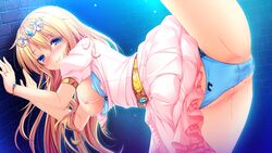 against_wall areolae blonde_hair blue_eyes blush bra bra_pull breasts censored dress female game_cg harvest_overray highres large_breasts leg_up legs long_hair looking_back mikami_lilia nipples nironiro open_clothes panties pussy_juice smile solo thighs underwear usume_shirou wet