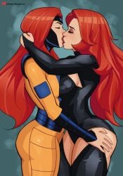 2girls ass ass_grab big_ass clone closed_eyes duo female female_only french_kiss jean_grey kissing leinadxxx long_hair madelyne_pryor making_out marvel marvel_comics red_hair selfcest side_view sideboob thick_thighs x-men yuri