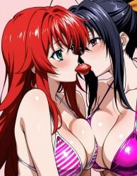 2girls ahoge ai_generated akeno_himejima black_hair blue_green_eyes blush bra breast_on_breast breast_to_breast couple crimson_hair female_only hair_ribbon high_school_dxd large_breasts lesbian light_skin looking_at_each_other orange_ribbon rias_gremory strawberry very_long_hair violet_eyes yuri