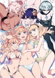 6+girls amber_idonokan animal_ears bikini blonde_hair blue_eyes blue_hair breast_press breasts cat_ears cleavage clenched_teeth dark-skinned_female dark_skin expressionless feet_out_of_frame female_focus frilled_bikini frills from_above granat_needakitta grey_hair groin hand_on_own_cheek hand_on_own_face happy high_ponytail highres horns kekkon_yubiwa_monogatari large_breasts legs long_hair looking_at_viewer lying maybe medium_breasts morion_(kekkon_yubiwa_monogatari) multiple_girls navel nephrites_lomka nonaka_himeno official_art on_stomach one_eye_closed one_side_up open_mouth pink_hair pointy_ears purple_eyes saphir_maasa short_hair sitting small_breasts smile swimsuit teeth thighhighs thighs twintails wink yellow_eyes