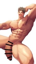 1boy abs armpits arms_up ass_visible_through_thighs bara beefy biceps big_areola big_breasts big_penis brown_hair censor_bar censored censored_penis collarbone completely_nude curved_penis erection foreskin_folds hi_res huge_cock hunk laugh long_penis looking_at_viewer lying lying_on_back male male_breasts male_only manly mature_male meisho_hanten muscles muscular muscular_arms muscular_legs muscular_male muscular_thighs navel navel_piercing no_body_hair oppai original original_character pecs pierced_belly_button piercing quadriceps red_eyes short_hair six_pack slit_pupils spread_legs thick_arms thick_neck thick_penis tough_guy v-shaped_eyebrows veiny_penis very_high_resolution white_background wide_shoulders