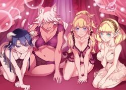 4girls all_fours animal_ear_fluff animal_ears barefoot between_breasts blonde_hair blue_eyes blush bra breasts cat_ears cleavage dark-skinned_female dark_skin eyebrows_hidden_by_hair feet female_focus finger_to_mouth flat_chest granat_needakitta harem highres horns indoors jewelry kekkon_yubiwa_monogatari kneeling large_breasts legs lingerie long_hair looking_at_viewer maybe medium_hair multiple_girls navel nephrites_lomka nonaka_himeno official_art one_side_up open_mouth own_hands_together panties parted_lips pink_hair purple_eyes purple_hair ring saphir_maasa sitting smile string_panties thighs toes underboob underwear wedding_band yellow_eyes