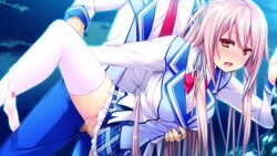 blush breasts censored clouds female game_cg harvest_overray highres large_breasts leg_up legs long_hair looking_away night nironiro open_mouth panties panties_around_leg penis pink_hair red_eyes school_uniform sex skirt sky tamaki_yuuka thighs underwear usume_shirou vaginal_penetration