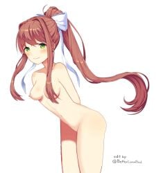 1girls 2024 anime_style areola areolae bare_belly bare_breasts belly_button bent_forward bent_over bettercommsoul breasts brown_hair color doki_doki_literature_club edit female female_only green_eyes hands_behind_back human looking_at_viewer monika_(doki_doki_literature_club) naked naked_female navel nipples nude nude_female official_art ponytail simple_background smile smiling_at_viewer solo solo_female white_background white_bow