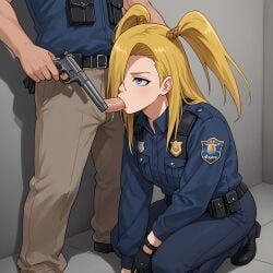 1boy ai_generated blonde_hair blowjob blowjob_face blue_eyes blush deidara femboy femboy_focus male male_only naruto naruto_(series) naruto_shippuden on_knees oral police_uniform yaoi